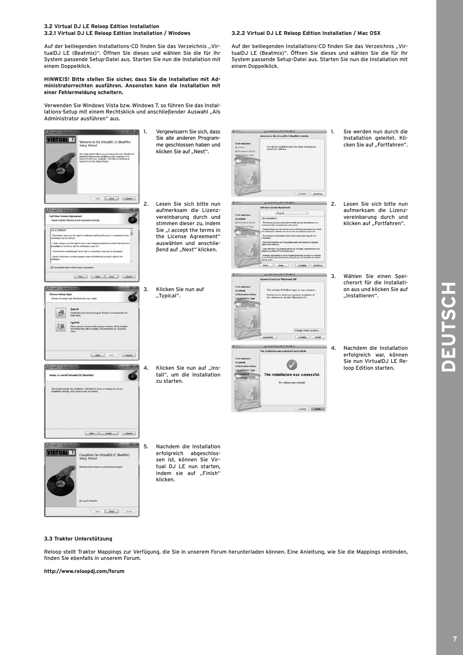 2 virtual dj le reloop edition installation, 3 traktor unterstützung, De ut s ch | Reloop BEATMIX User Manual | Page 7 / 44