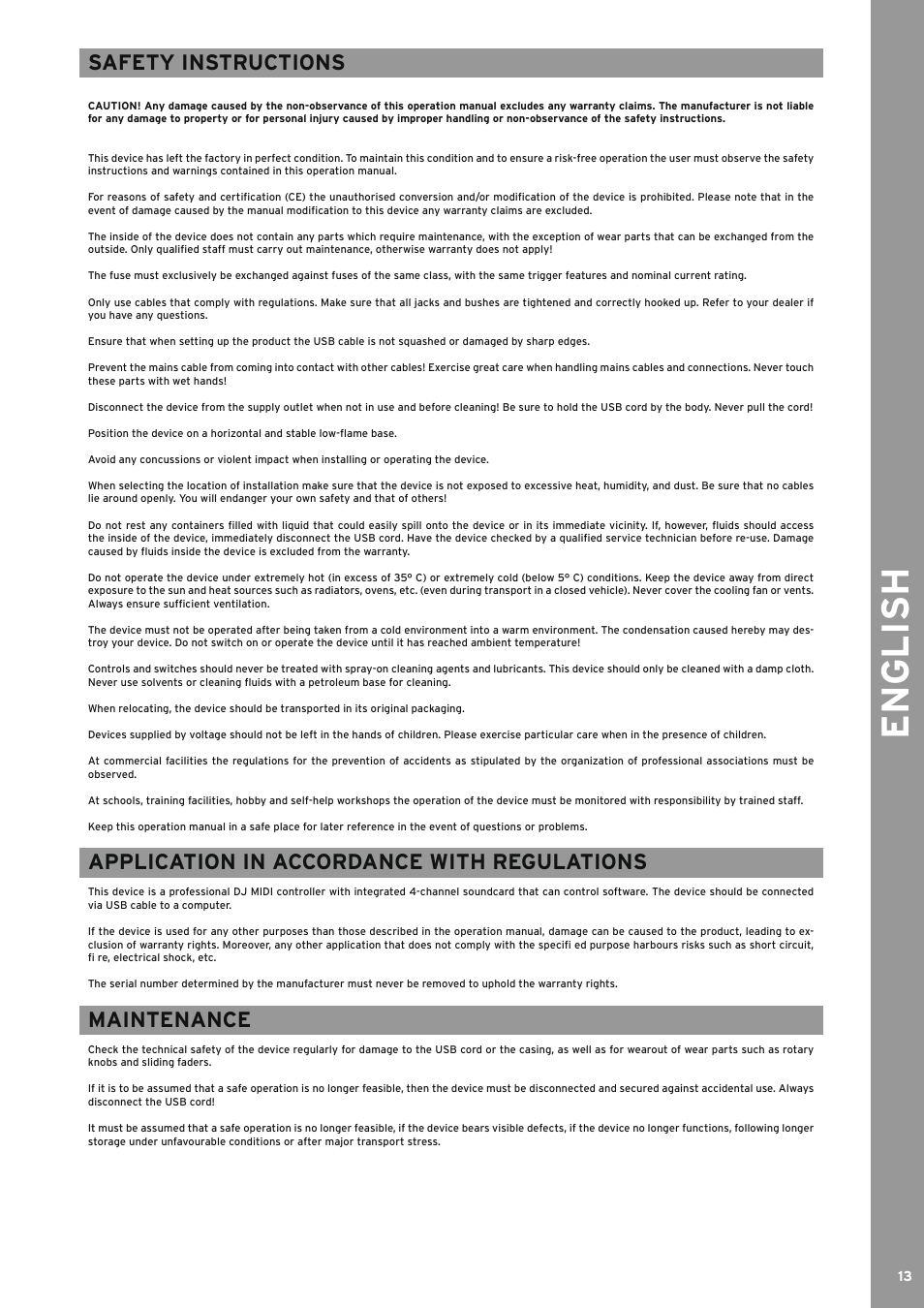 Safety instructions, Application in accordance with regulations, Maintenance | English | Reloop BEATMIX LTD. User Manual | Page 13 / 44