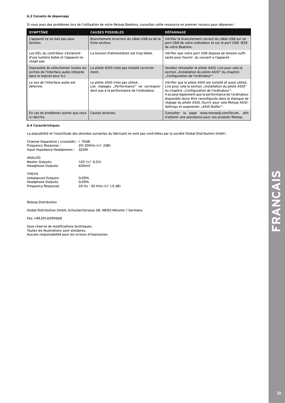 3 conseils de dépannage, 4 caractéristiques, Fr anc ais | Reloop BEATMIX LTD. User Manual | Page 31 / 44