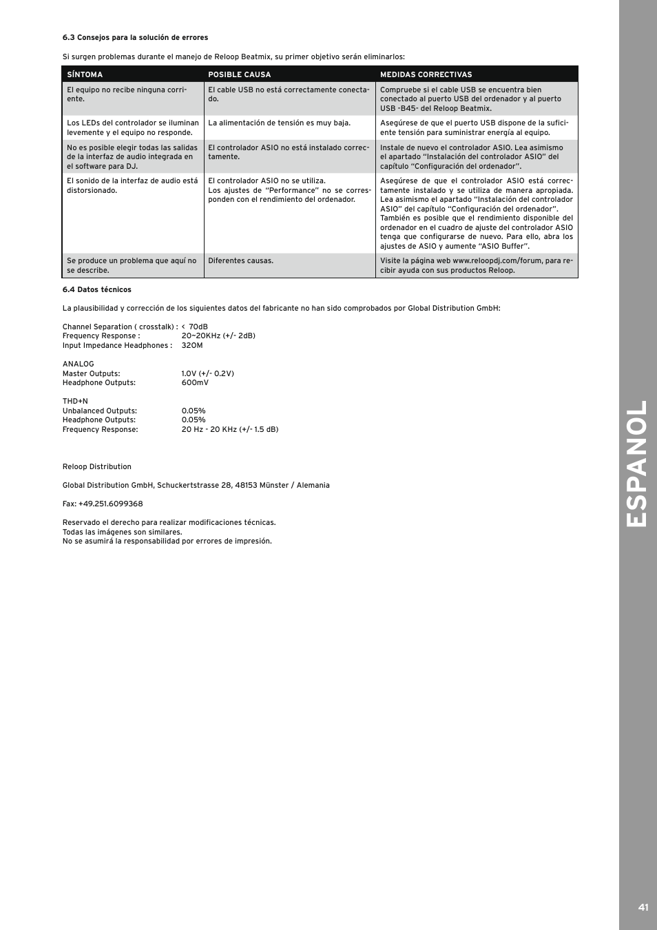 3 consejos para la solución de errores, 4 datos técnicos, Esp anol | Reloop BEATMIX LTD. User Manual | Page 41 / 44