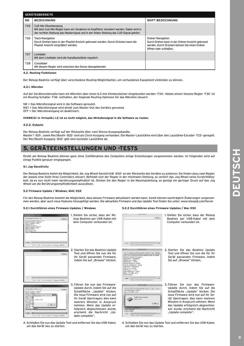 Mikrofon, Outputs, Geräteeinstellungen und -tests | 1 jog-sensitivity, 2 firmware-update / windows, mac osx, 1 durchführen eines firmware-updates / windows, 2 durchführen eines firmware-updates / mac osx, 1 mikrofon, 2 outputs, De ut s ch | Reloop BEATMIX LTD. User Manual | Page 9 / 44