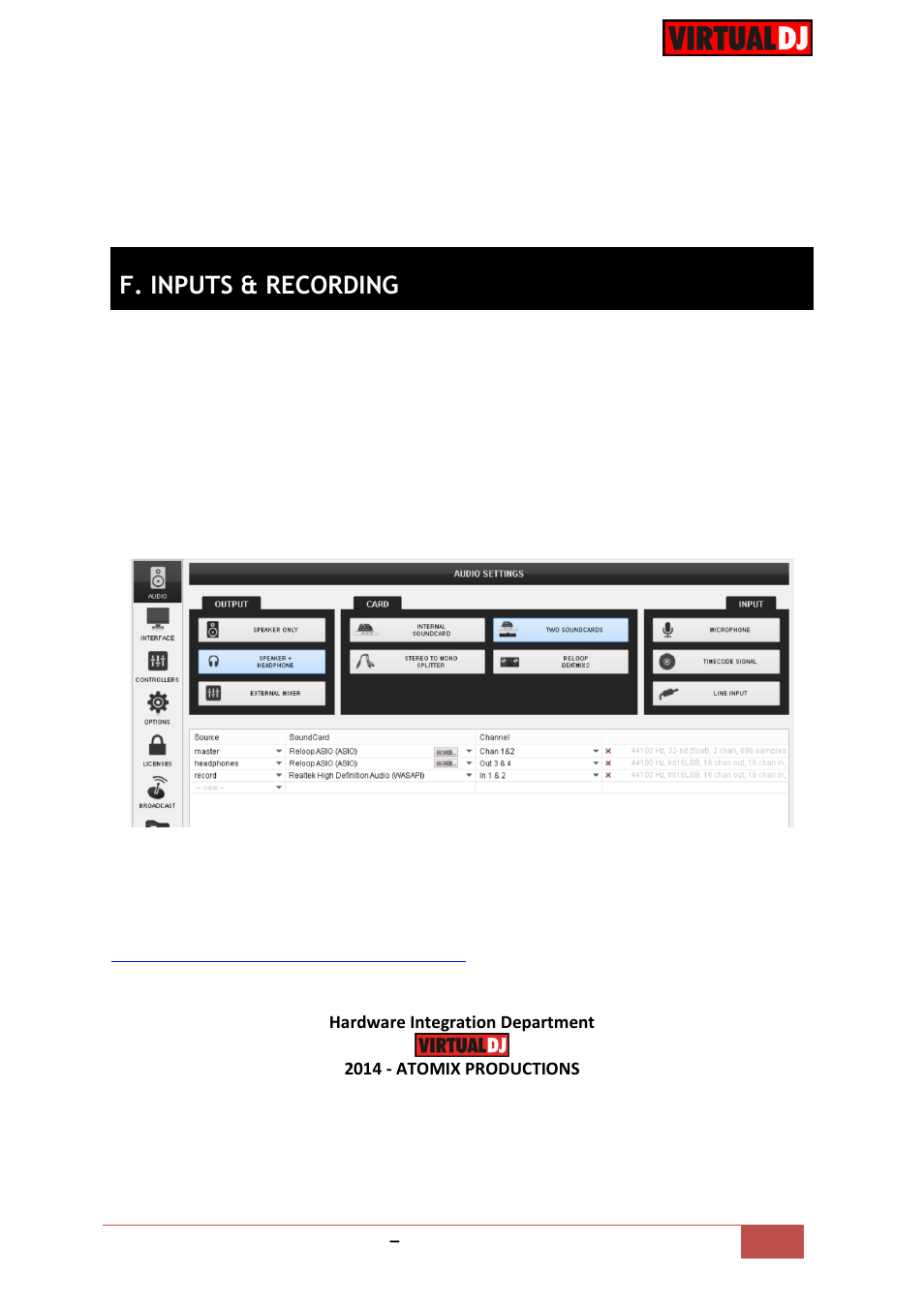 F. inputs & recording | Reloop BEATMIX 2 - VirtualDJ 8 Operation Guide User Manual | Page 11 / 11