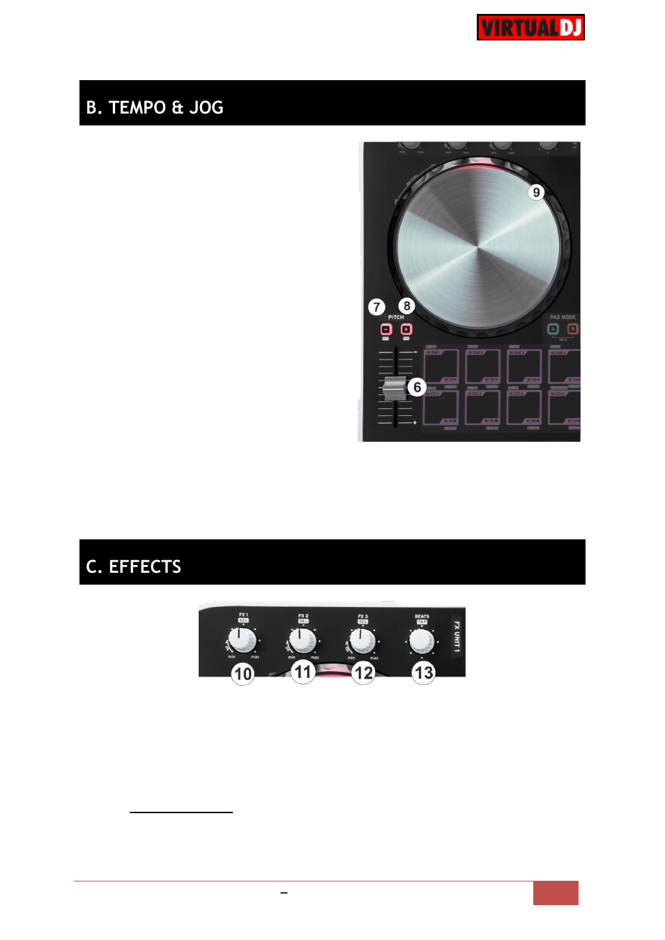 B. tempo & jog, C. effects | Reloop BEATMIX 2 - VirtualDJ 8 Operation Guide User Manual | Page 6 / 11