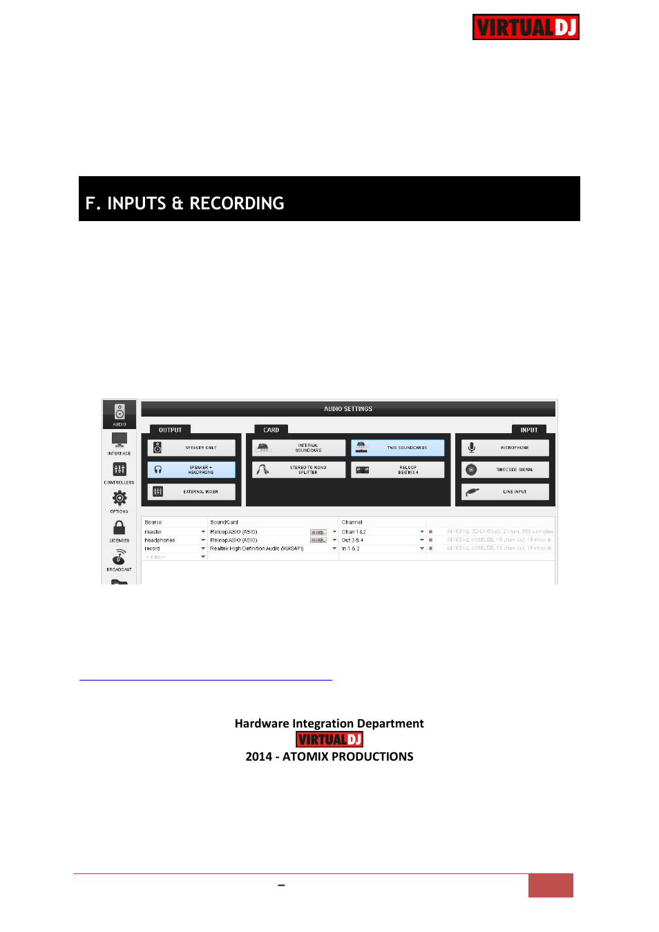 F. inputs & recording | Reloop BEATMIX 4 - VirtualDJ 8 Operation Guide User Manual | Page 11 / 11