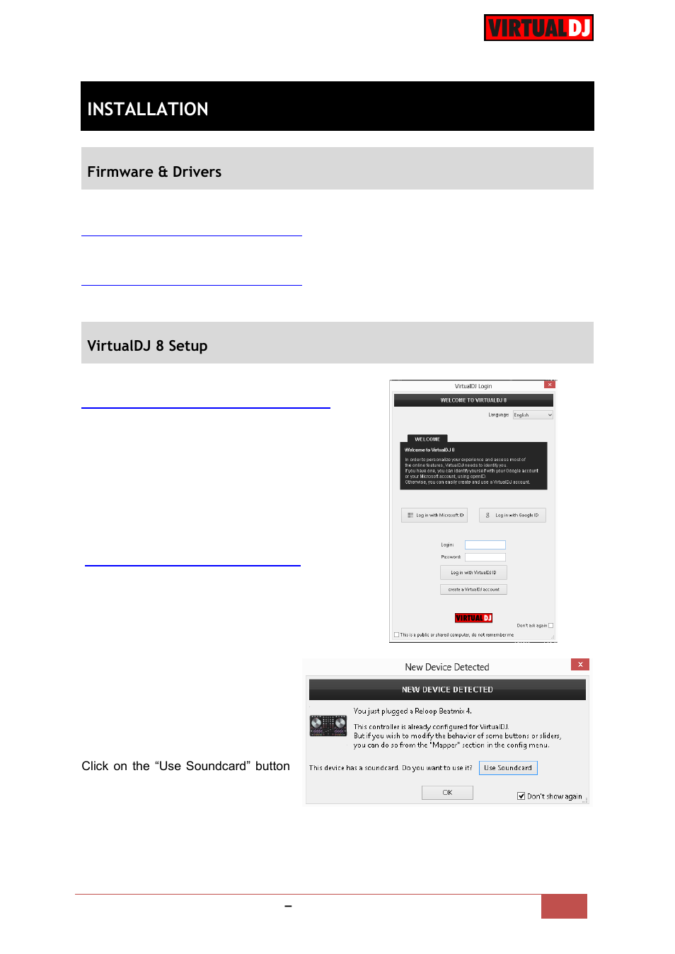 Installation, Firmware & drivers, Virtualdj 8 setup | Reloop BEATMIX 4 - VirtualDJ 8 Operation Guide User Manual | Page 3 / 11