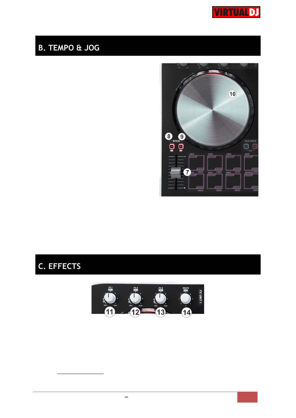 B. tempo & jog, C. effects | Reloop BEATMIX 4 - VirtualDJ 8 Operation Guide User Manual | Page 6 / 11
