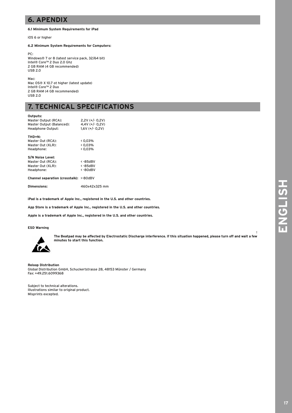 English, Apendix, Technical specifications | Reloop BEATPAD - Instruction Manual User Manual | Page 17 / 36