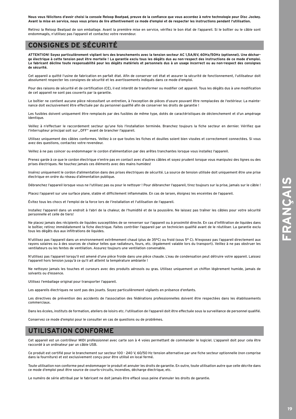 Fr ançais, Consignes de sécurité, Utilisation conforme | Reloop BEATPAD - Instruction Manual User Manual | Page 19 / 36