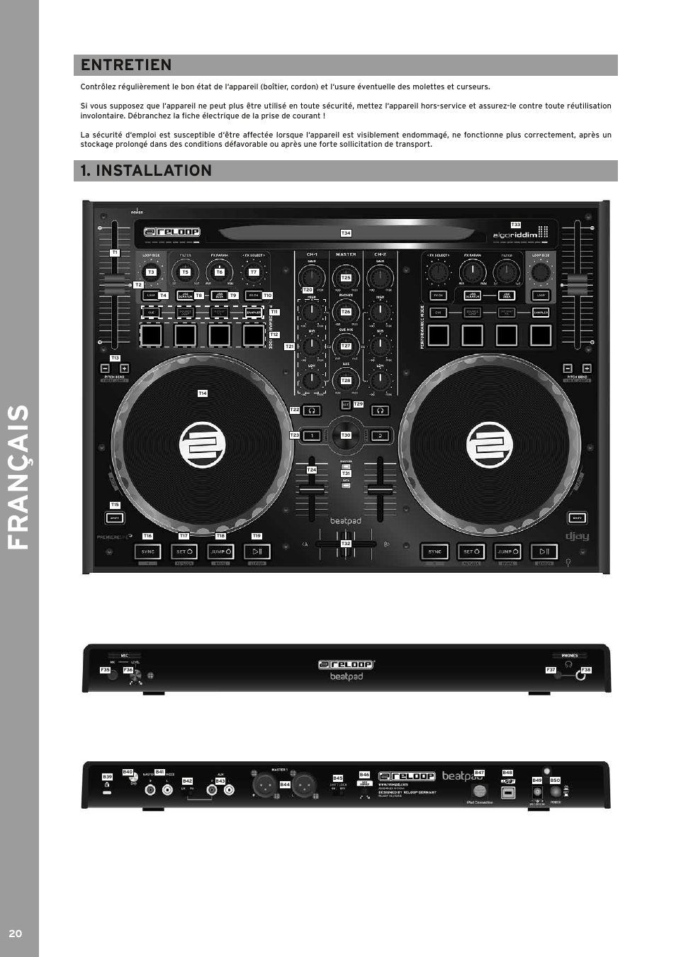 Fr ançais, Entretien, Installation | Reloop BEATPAD - Instruction Manual User Manual | Page 20 / 36