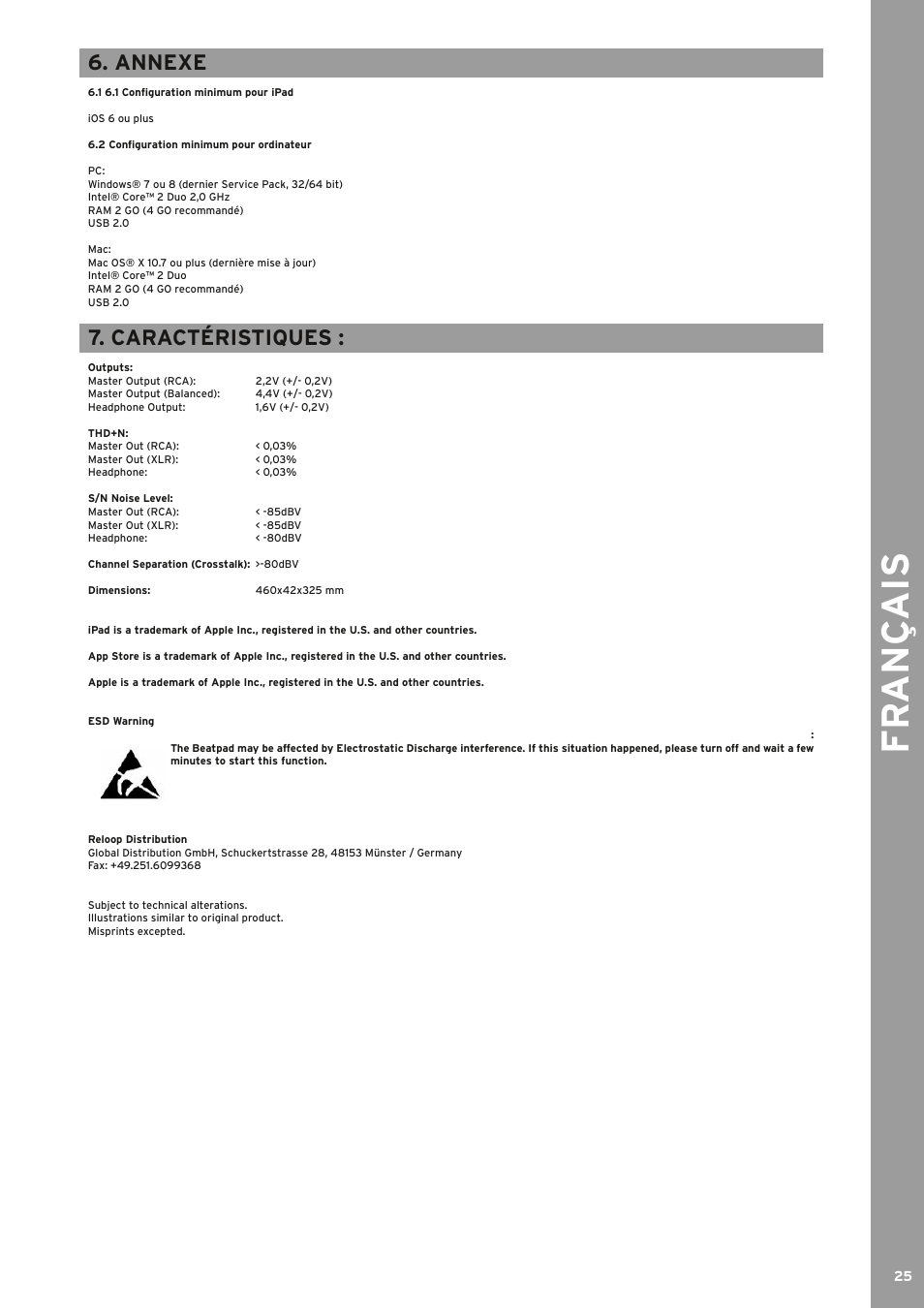 Fr ançais, Annexe, Caractéristiques | Reloop BEATPAD - Instruction Manual User Manual | Page 25 / 36