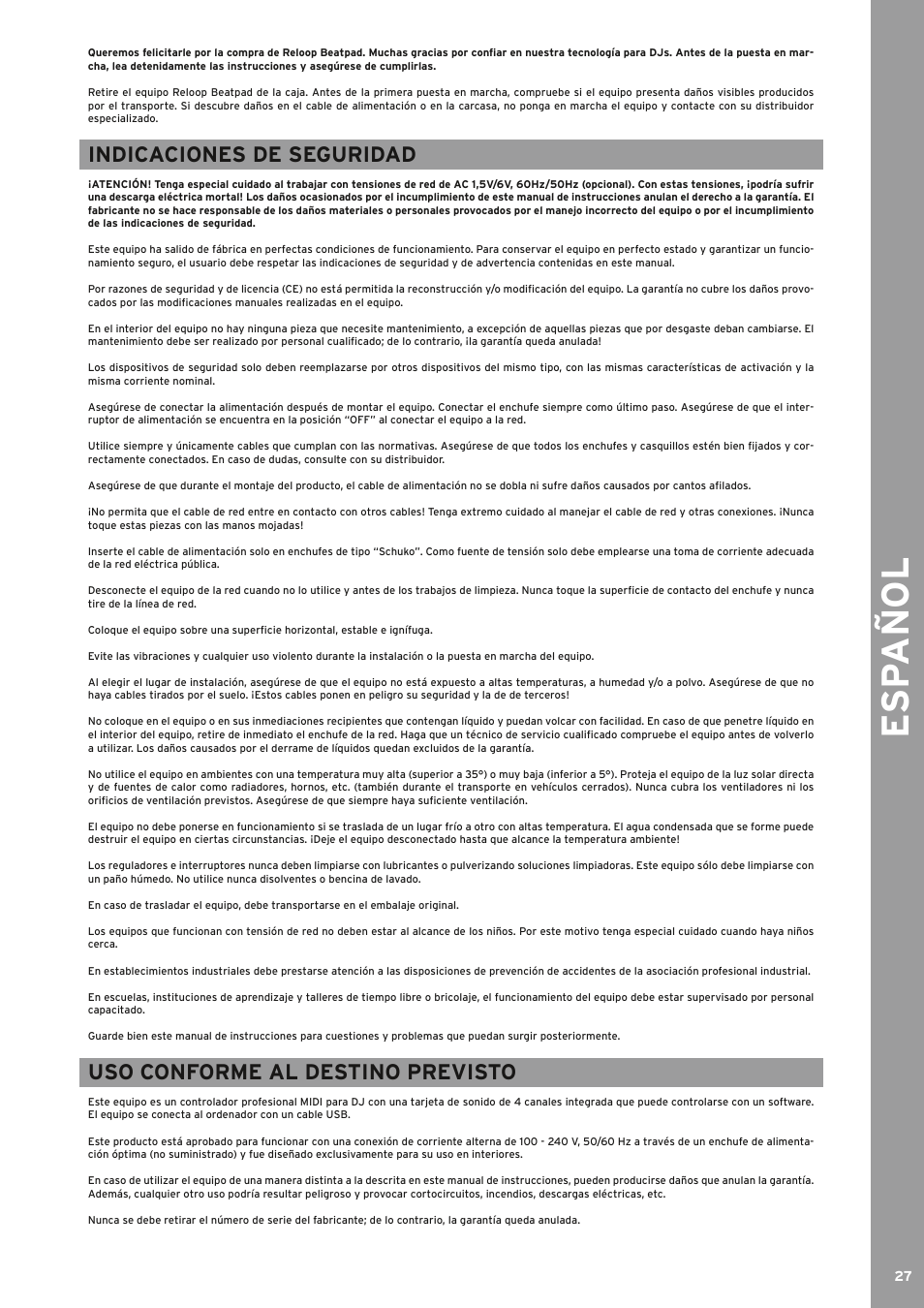 Esp añol, Indicaciones de seguridad, Uso conforme al destino previsto | Reloop BEATPAD - Instruction Manual User Manual | Page 27 / 36