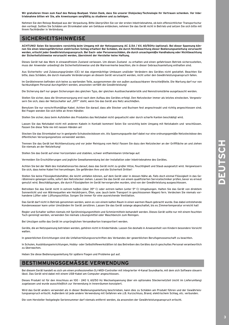 De ut s ch, Sicherheitshinweise, Bestimmungsgemässe verwendung | Reloop BEATPAD - Instruction Manual User Manual | Page 3 / 36