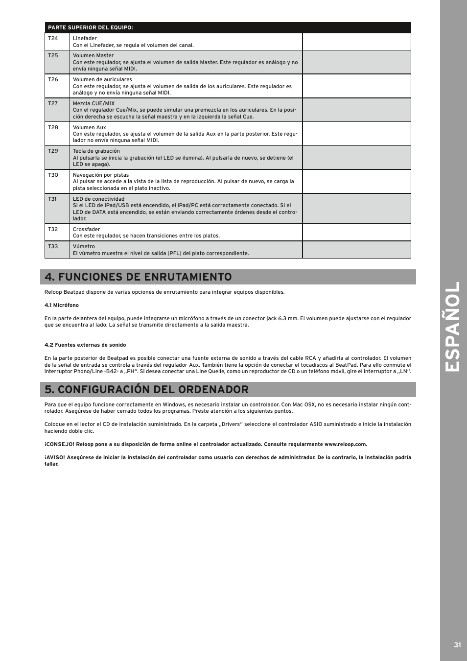 Esp añol, Funciones de enrutamiento, Configuración del ordenador | Reloop BEATPAD - Instruction Manual User Manual | Page 31 / 36
