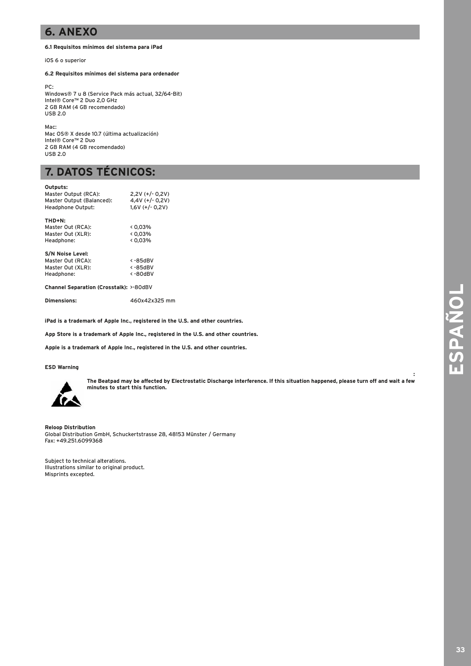 Esp añol, Anexo, Datos técnicos | Reloop BEATPAD - Instruction Manual User Manual | Page 33 / 36