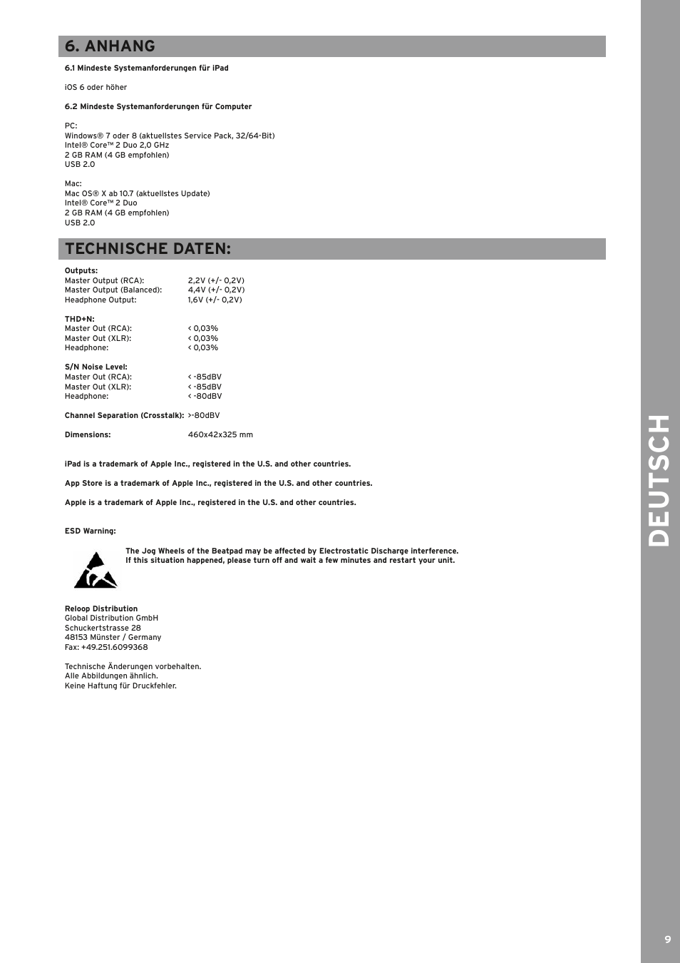 De ut s ch, Anhang, Technische daten | Reloop BEATPAD - Instruction Manual User Manual | Page 9 / 36