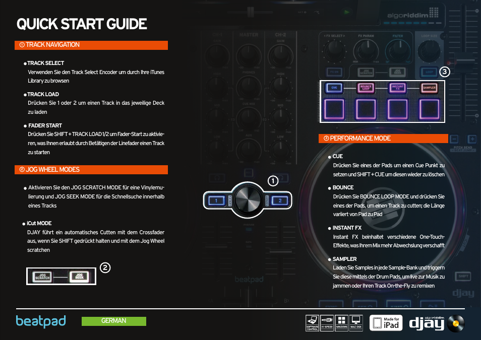 1 track navigation, 2 jog wheel modes, 3 performance mode | Quick start guide | Reloop BEATPAD - Quickstart Guide User Manual | Page 11 / 24