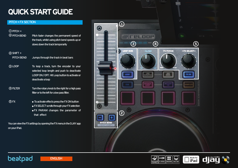 Pitch + fx section, Quick start guide | Reloop BEATPAD - Quickstart Guide User Manual | Page 2 / 24