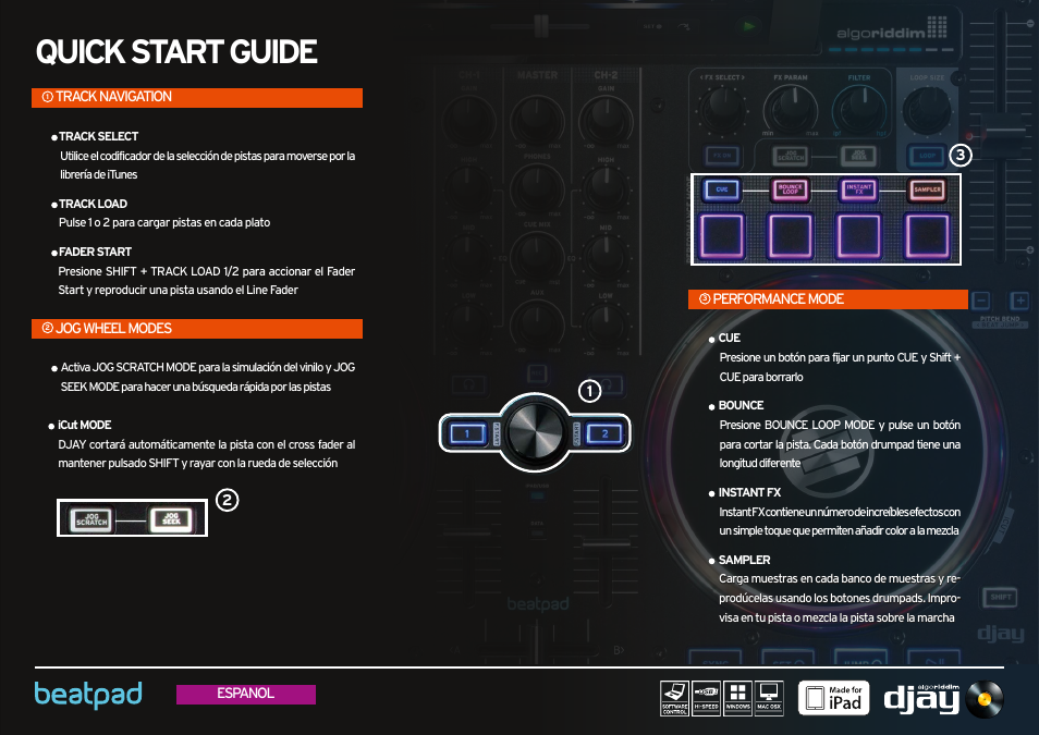 1 track navigation, 2 jog wheel modes, 3 performance mode | Quick start guide | Reloop BEATPAD - Quickstart Guide User Manual | Page 23 / 24