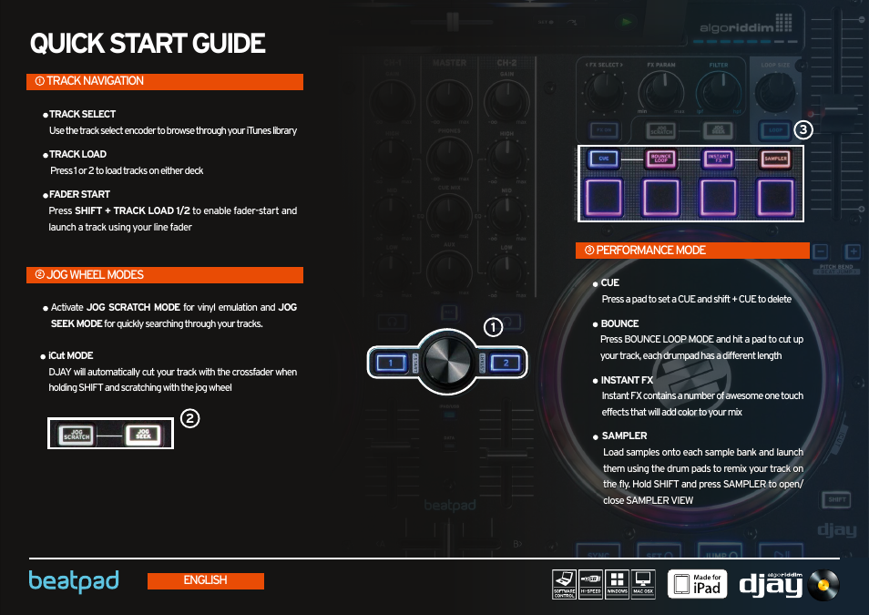 1 track navigation, 2 jog wheel modes, 3 performance mode | Quick start guide | Reloop BEATPAD - Quickstart Guide User Manual | Page 5 / 24