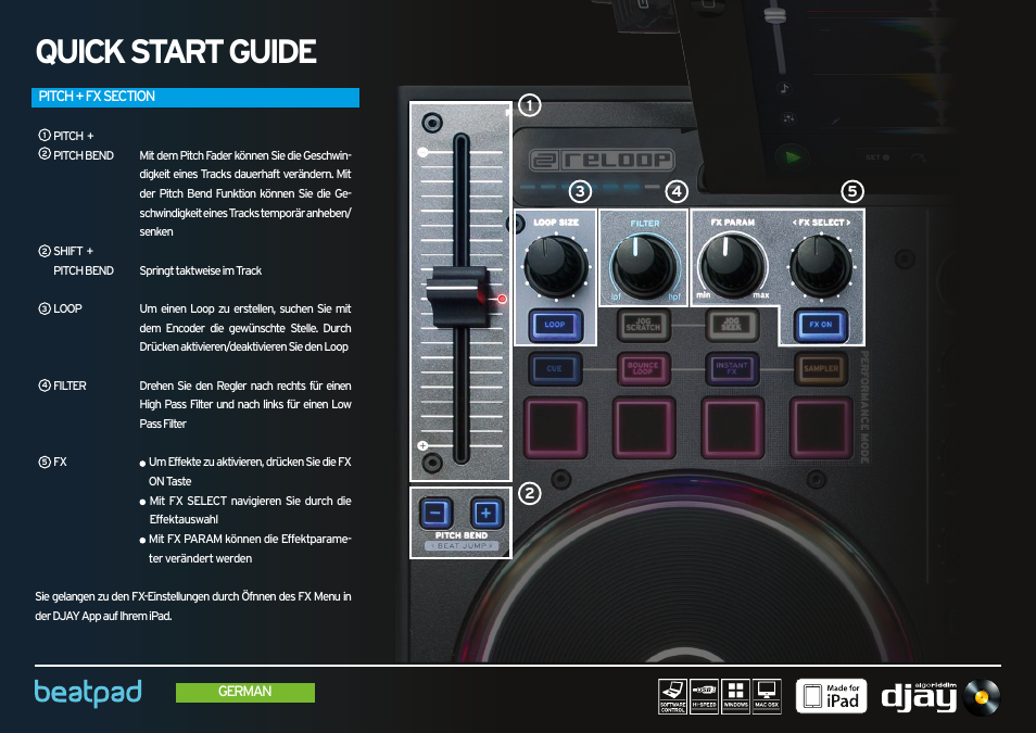 Pitch + fx section, Quick start guide | Reloop BEATPAD - Quickstart Guide User Manual | Page 8 / 24