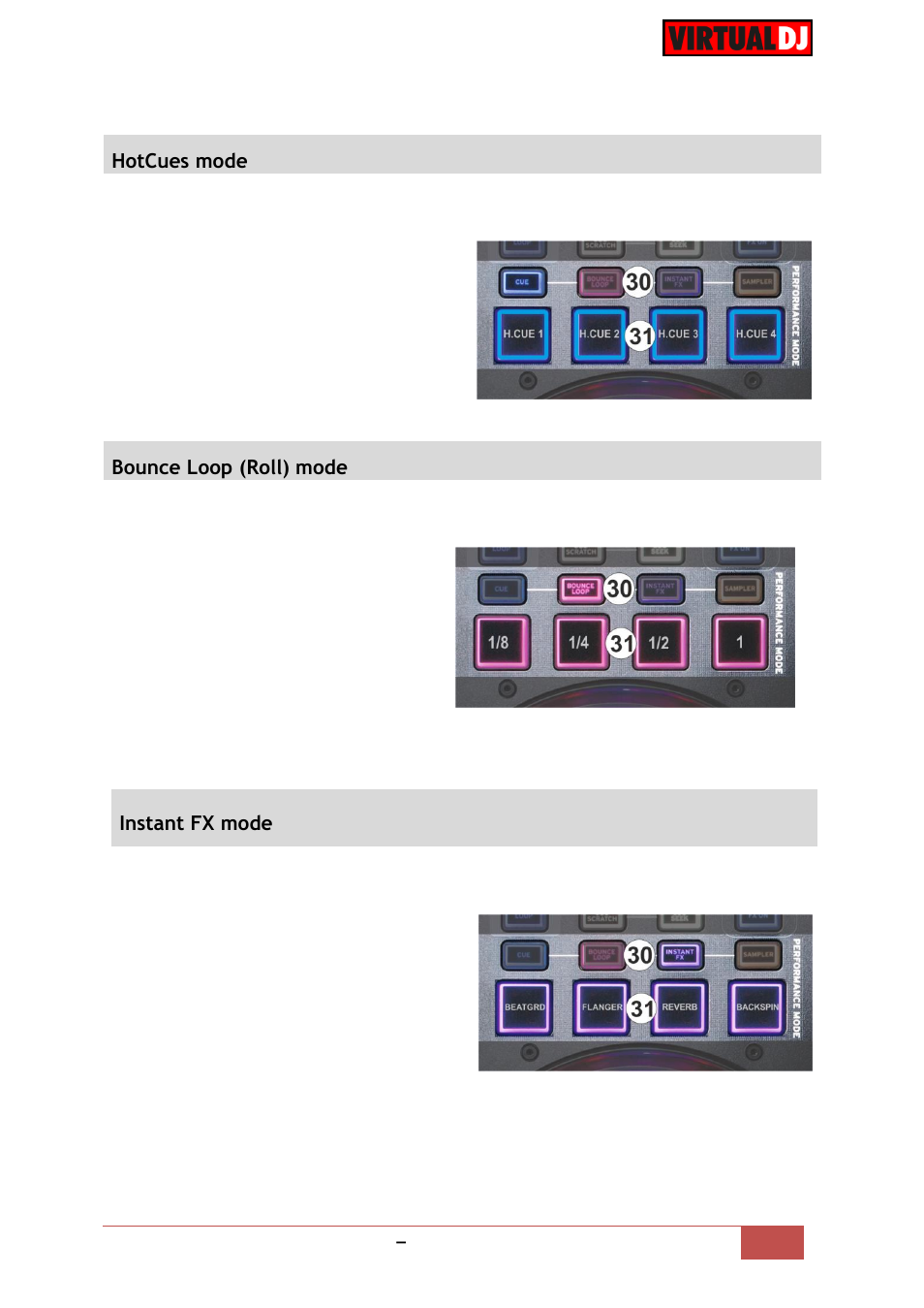 Hotcues mode, Bounce loop (roll) mode, Instant fx mode | Reloop BEATPAD - VirtualDJ 8 Operation Guide User Manual | Page 10 / 14