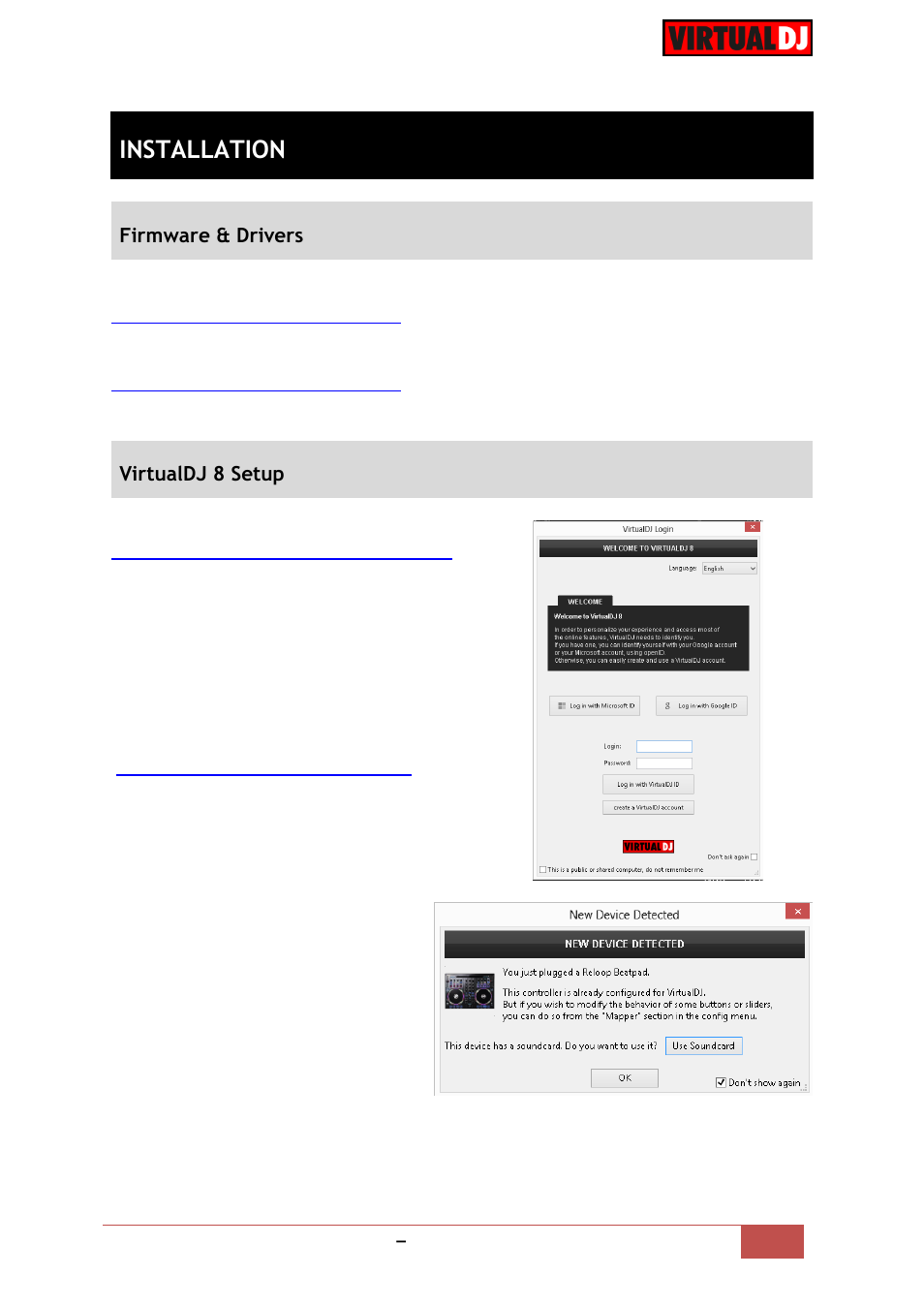 Installation, Firmware & drivers, Virtualdj 8 setup | Reloop BEATPAD - VirtualDJ 8 Operation Guide User Manual | Page 3 / 14