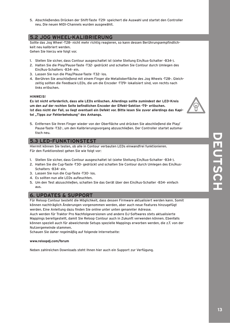 2 jog wheel-kalibrierung, 3 led-funktionstest, Updates & support | De ut s c h | Reloop CONTOUR CONTROLLER EDITION User Manual | Page 13 / 52