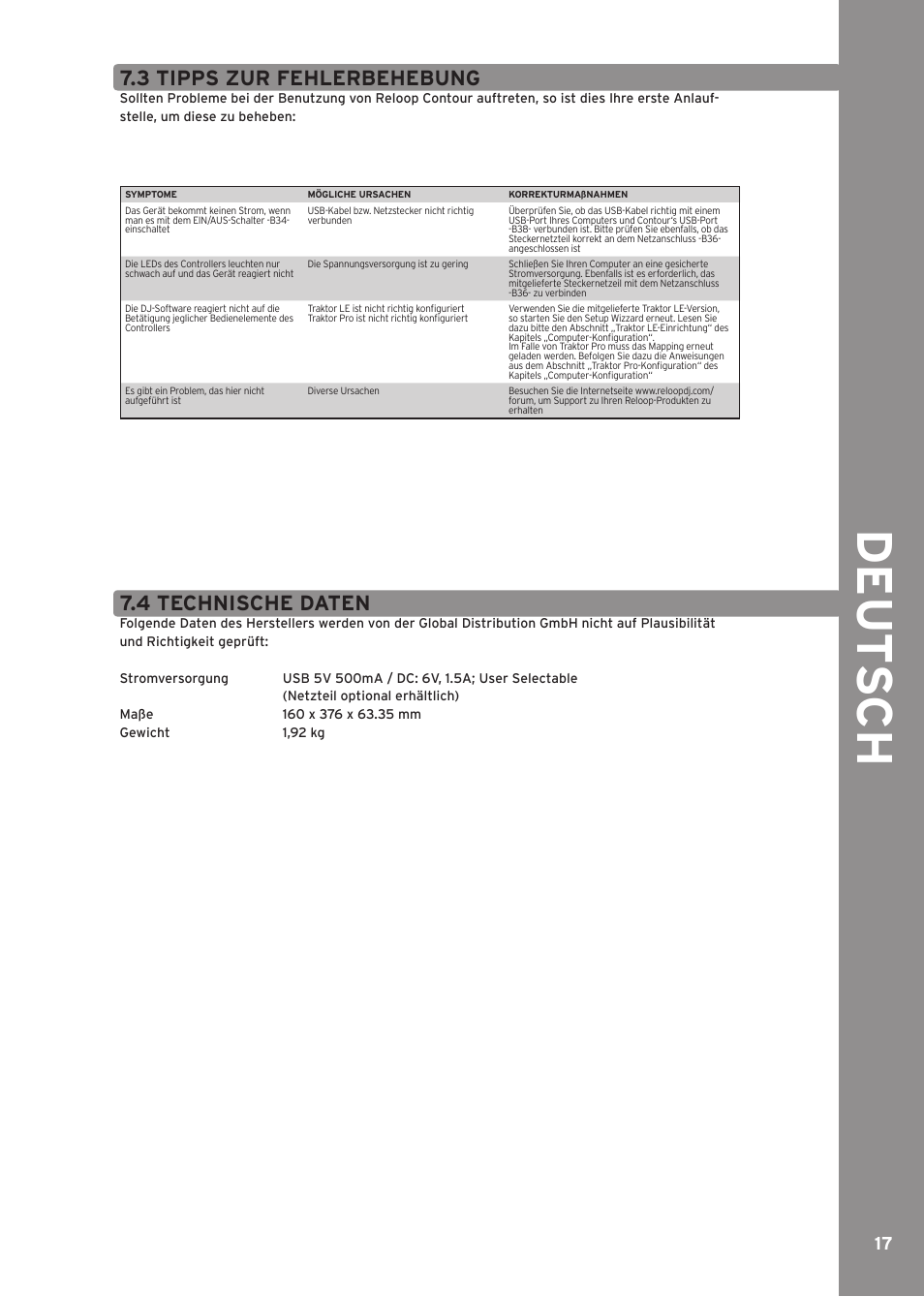 3 tipps zur fehlerbehebung, 4 technische daten, De ut s c h | Reloop CONTOUR CONTROLLER EDITION User Manual | Page 17 / 52