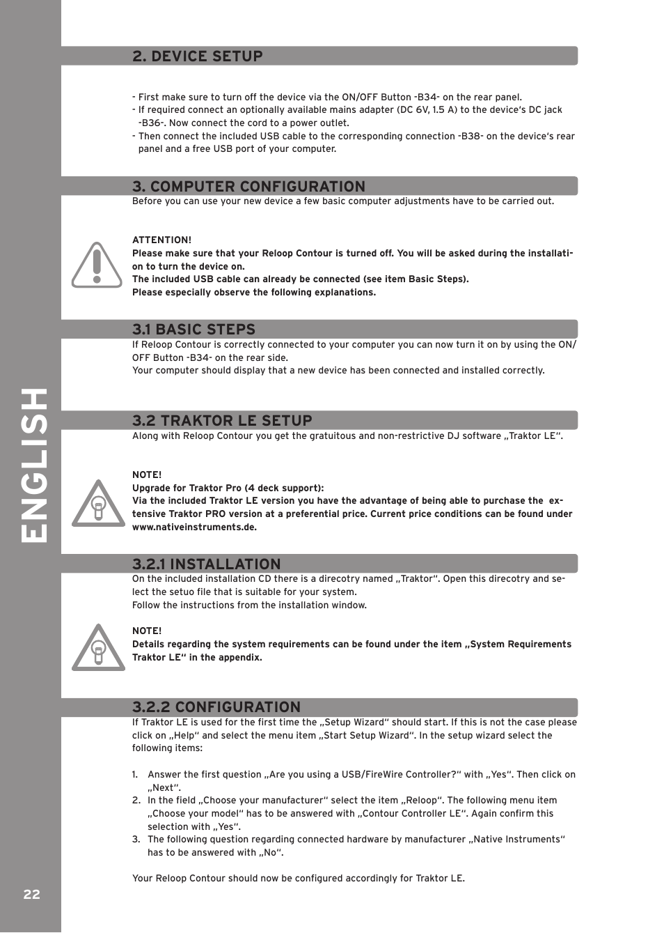 Device setup, Computer configuration, 1 basic steps | 2 traktor le setup, 1 installation, 2 configuration, Engli sh | Reloop CONTOUR CONTROLLER EDITION User Manual | Page 22 / 52