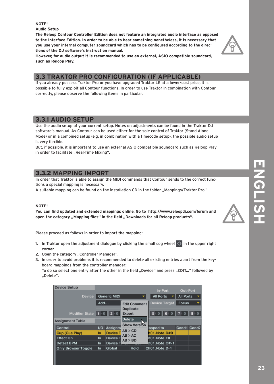 3 traktor pro configuration (if applicable), 1 audio setup, 2 mapping import | Engli sh | Reloop CONTOUR CONTROLLER EDITION User Manual | Page 23 / 52