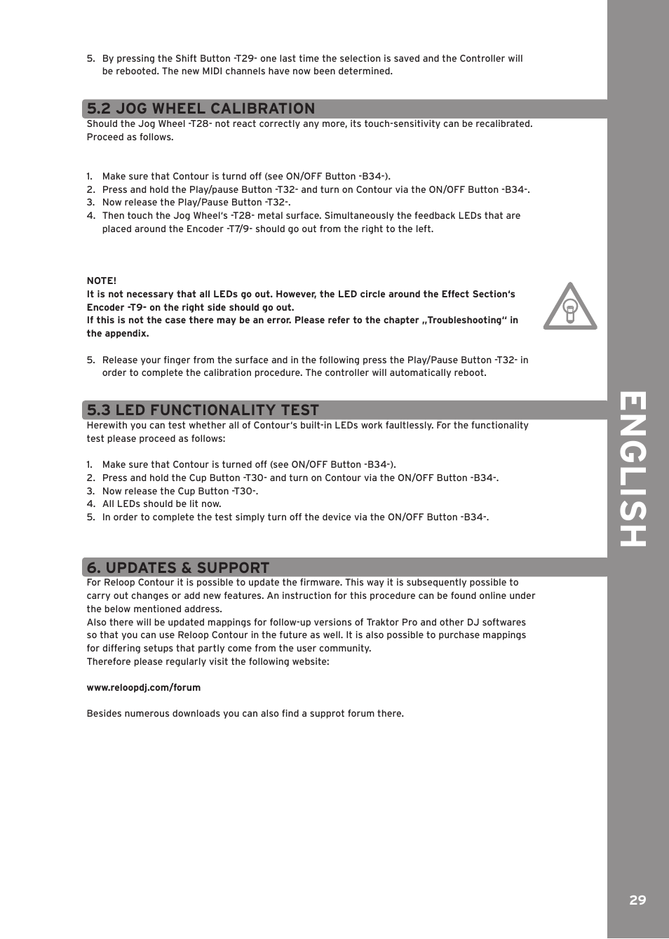 2 jog wheel calibration, 3 led functionality test, Updates & support | Engli sh | Reloop CONTOUR CONTROLLER EDITION User Manual | Page 29 / 52