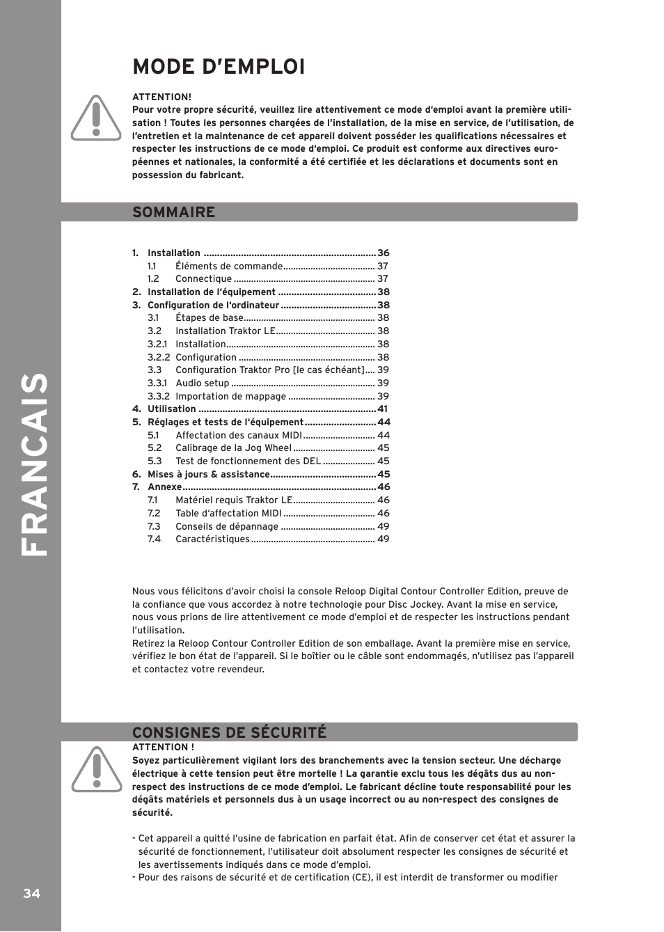 Sommaire, Consignes de sécurité, Fr anc ai s | Mode d’emploi | Reloop CONTOUR CONTROLLER EDITION User Manual | Page 34 / 52