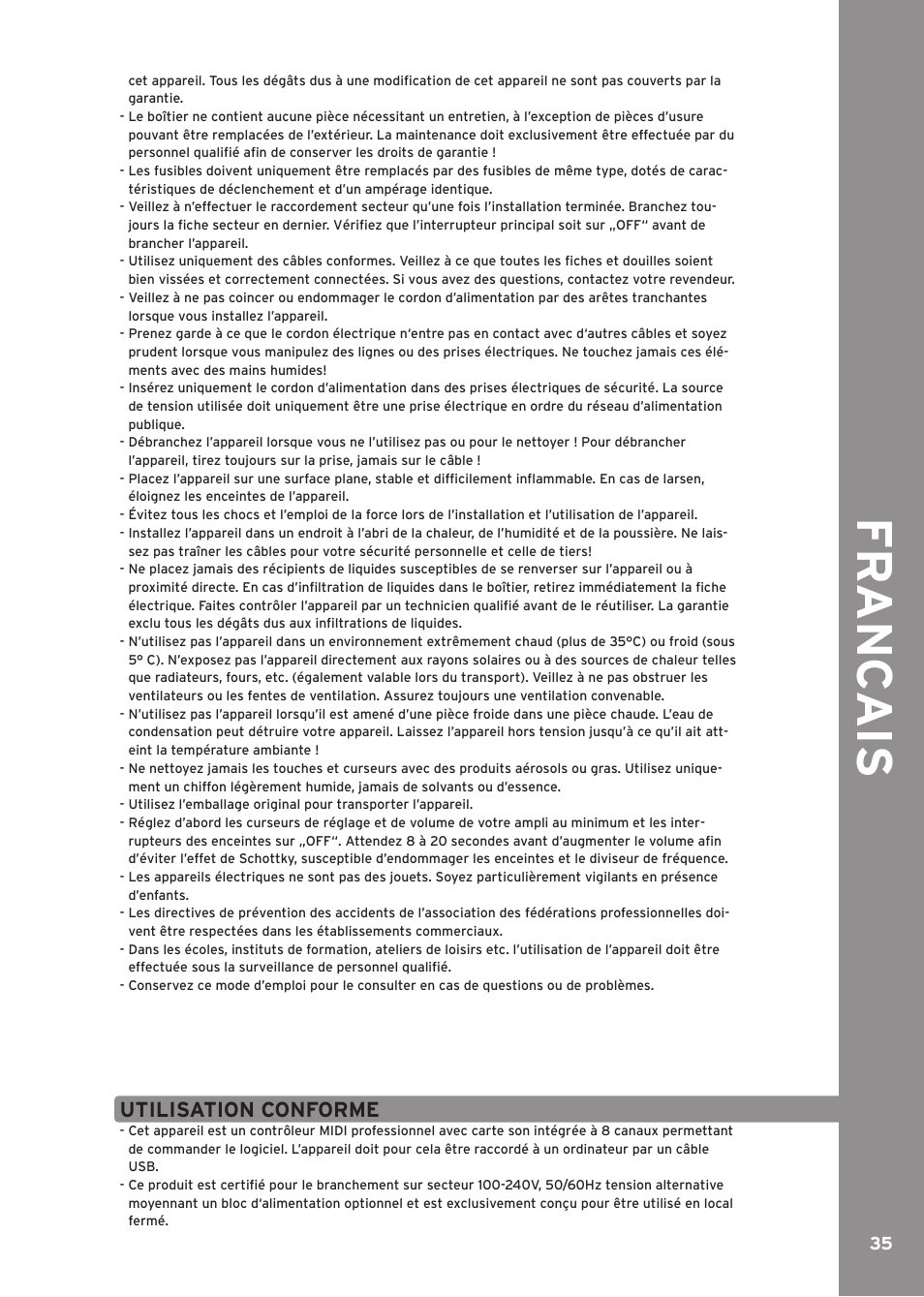 Utilisation conforme, Fr anc ai s | Reloop CONTOUR CONTROLLER EDITION User Manual | Page 35 / 52