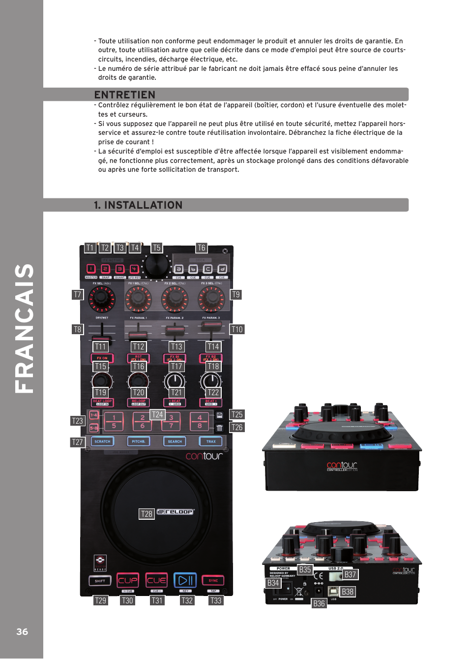 Entretien, Installation, Fr anc ais | Reloop CONTOUR CONTROLLER EDITION User Manual | Page 36 / 52