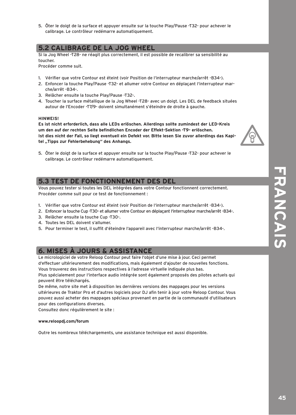 2 calibrage de la jog wheel, 3 test de fonctionnement des del, Mises à jours & assistance | Fr anc ai s | Reloop CONTOUR CONTROLLER EDITION User Manual | Page 45 / 52