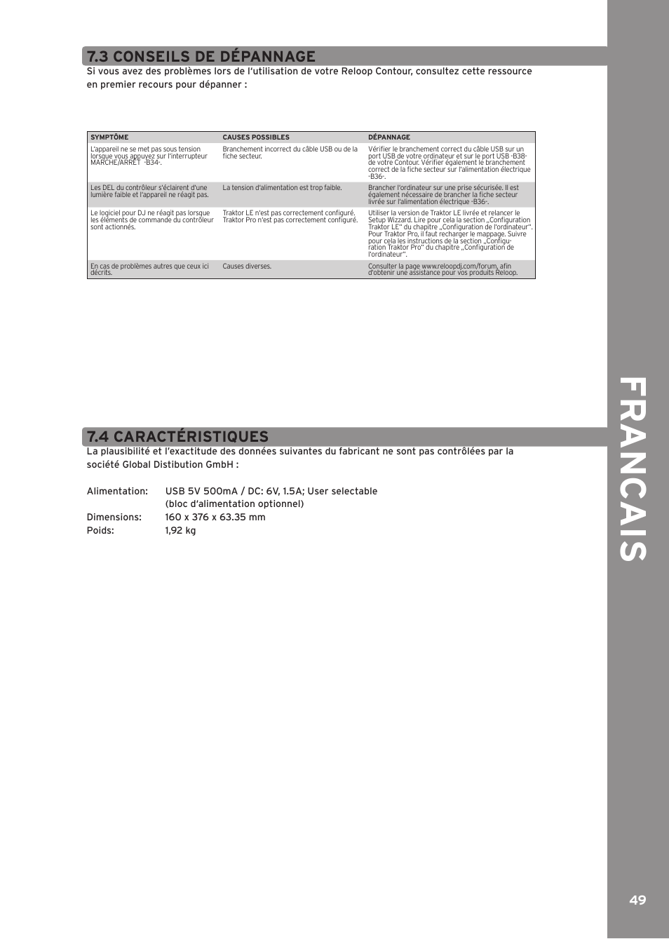 3 conseils de dépannage, 4 caractéristiques, Fr anc ai s | Reloop CONTOUR CONTROLLER EDITION User Manual | Page 49 / 52