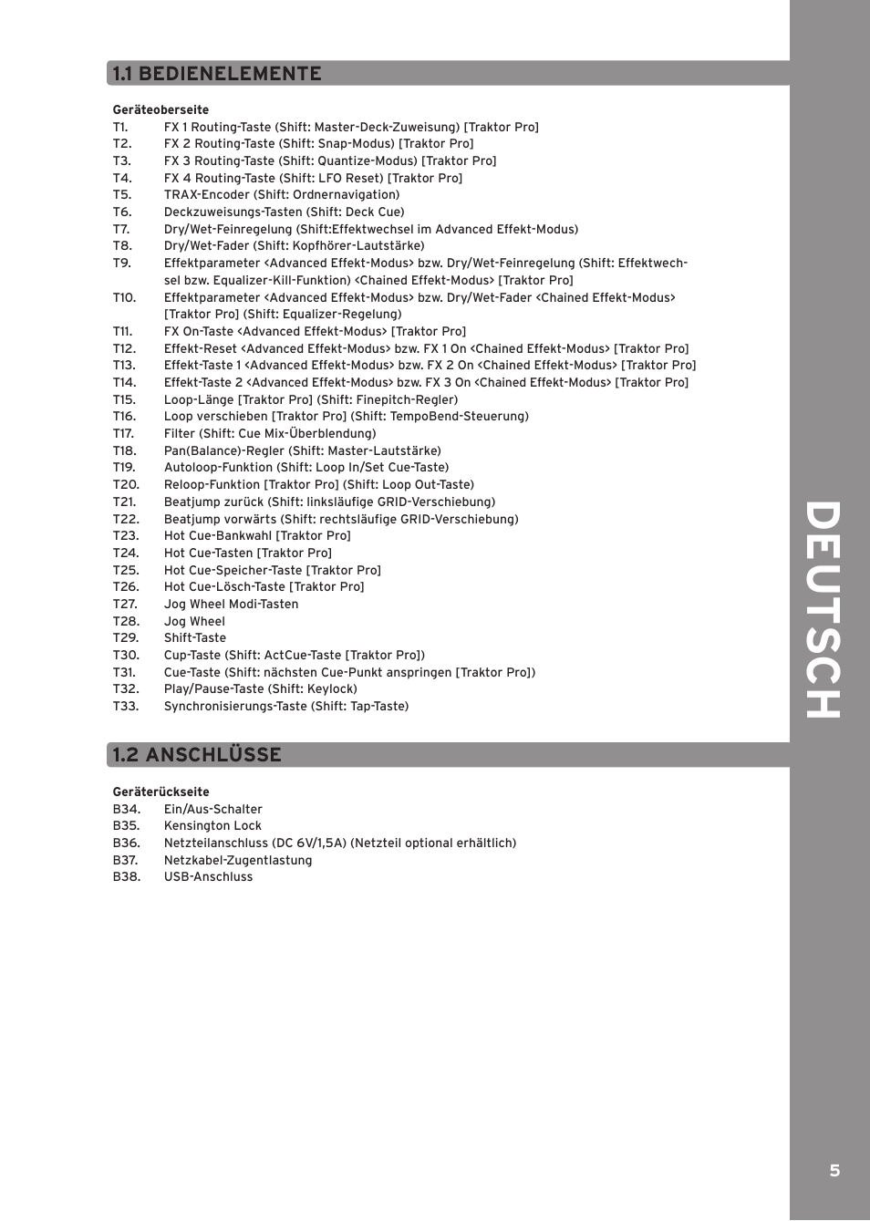 1 bedienelemente, 2 anschlüsse, De ut s c h | Reloop CONTOUR CONTROLLER EDITION User Manual | Page 5 / 52