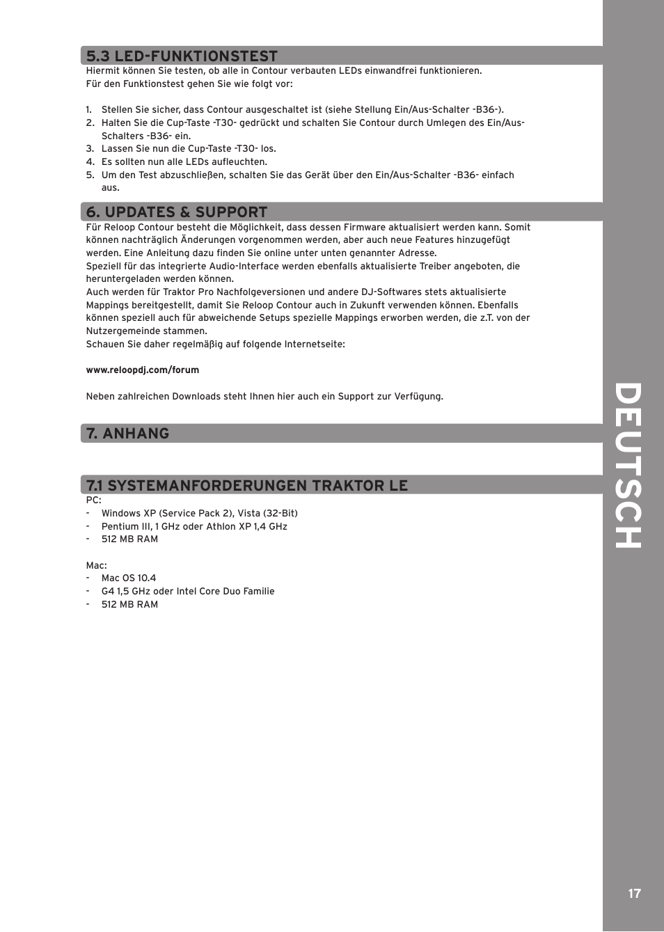 3 led-funktionstest, Updates & support, Anhang | 1 systemanforderungen traktor le, English, De ut s c h | Reloop CONTOUR INTERFACE EDITION User Manual | Page 17 / 64