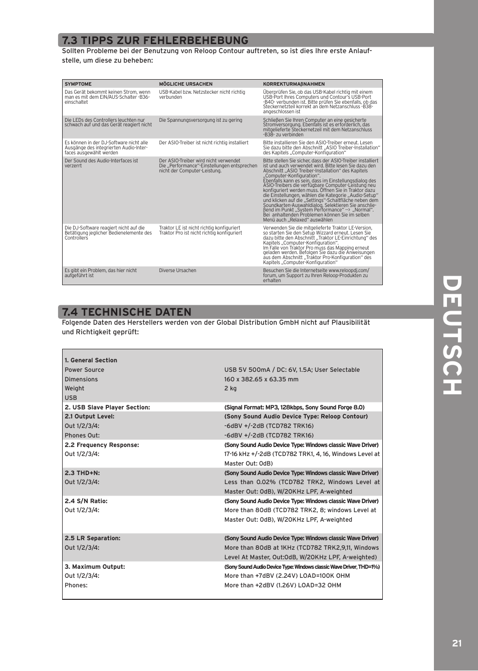 3 tipps zur fehlerbehebung, 4 technische daten, De ut s c h | Reloop CONTOUR INTERFACE EDITION User Manual | Page 21 / 64