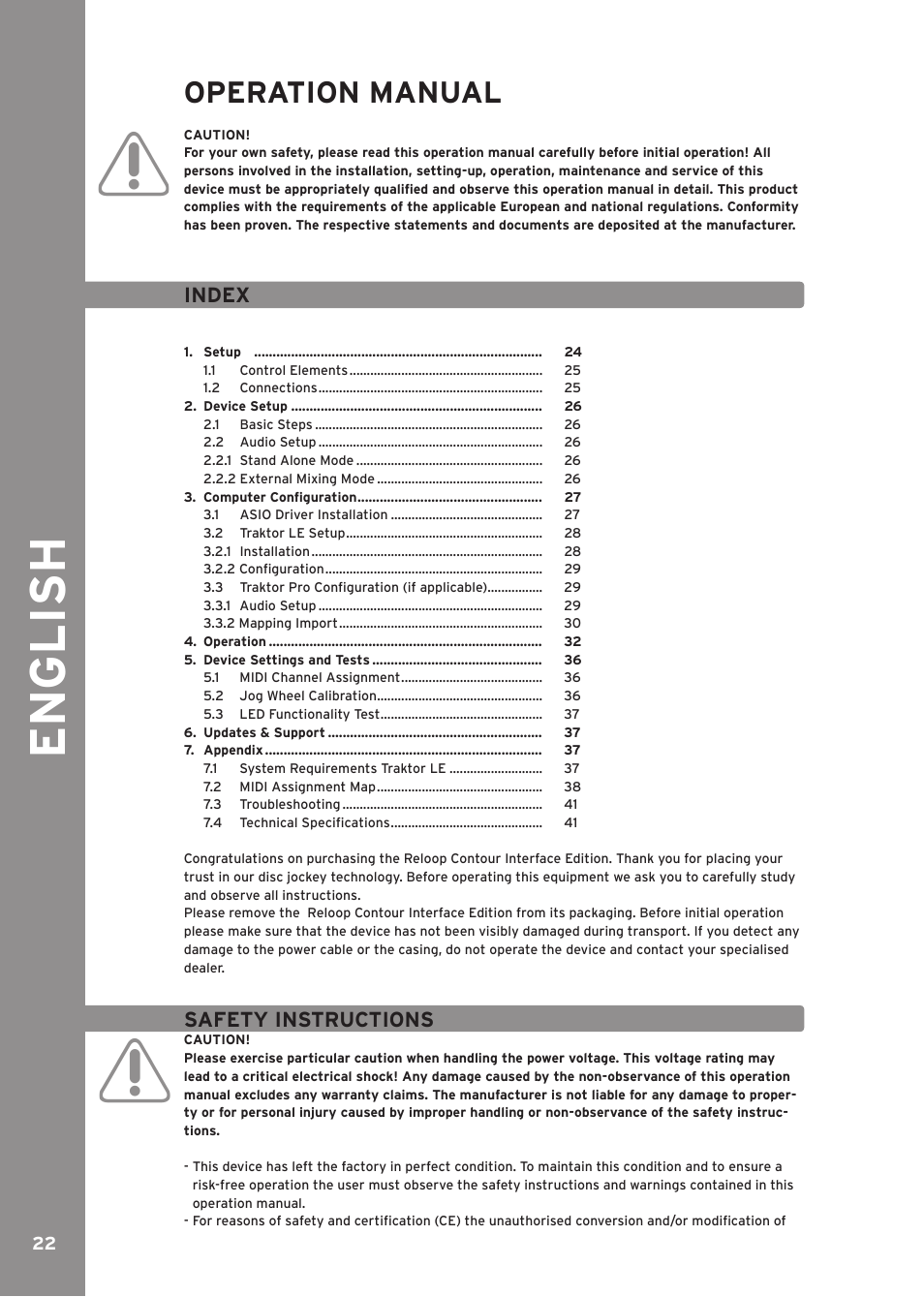 Index, Safety instructions, Engli sh | Operation manual | Reloop CONTOUR INTERFACE EDITION User Manual | Page 22 / 64