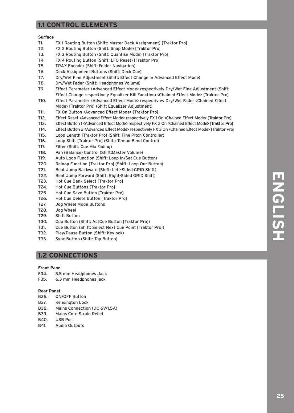 1 control elements, 2 connections, Engli sh | Reloop CONTOUR INTERFACE EDITION User Manual | Page 25 / 64