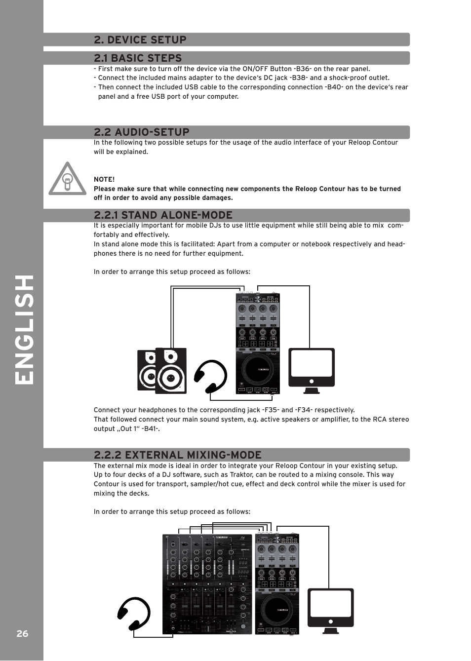 Device setup, 1 basic steps, 2 audio-setup | 1 stand alone-mode, 2 external mixing-mode, Engli sh | Reloop CONTOUR INTERFACE EDITION User Manual | Page 26 / 64
