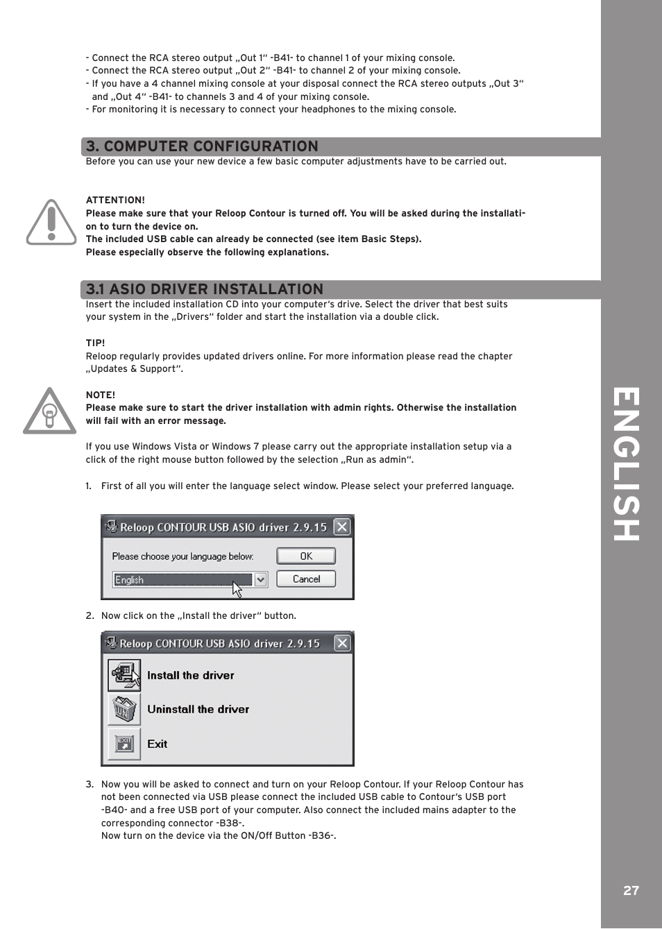 Computer configuration, 1 asio driver installation, Engli sh | Reloop CONTOUR INTERFACE EDITION User Manual | Page 27 / 64