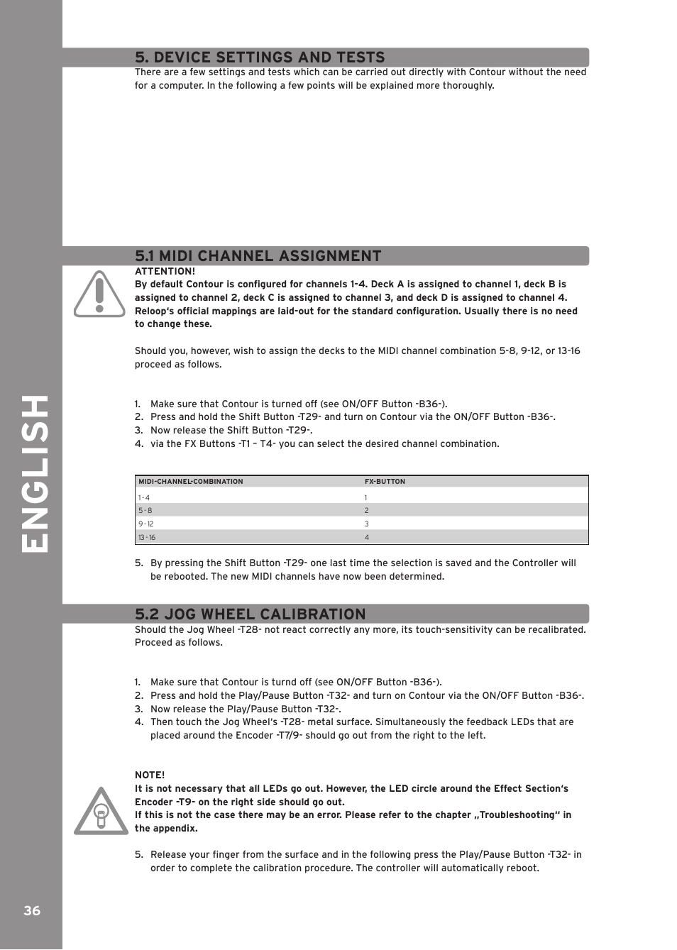 Device settings and tests, 1 midi channel assignment, 2 jog wheel calibration | Engli sh | Reloop CONTOUR INTERFACE EDITION User Manual | Page 36 / 64