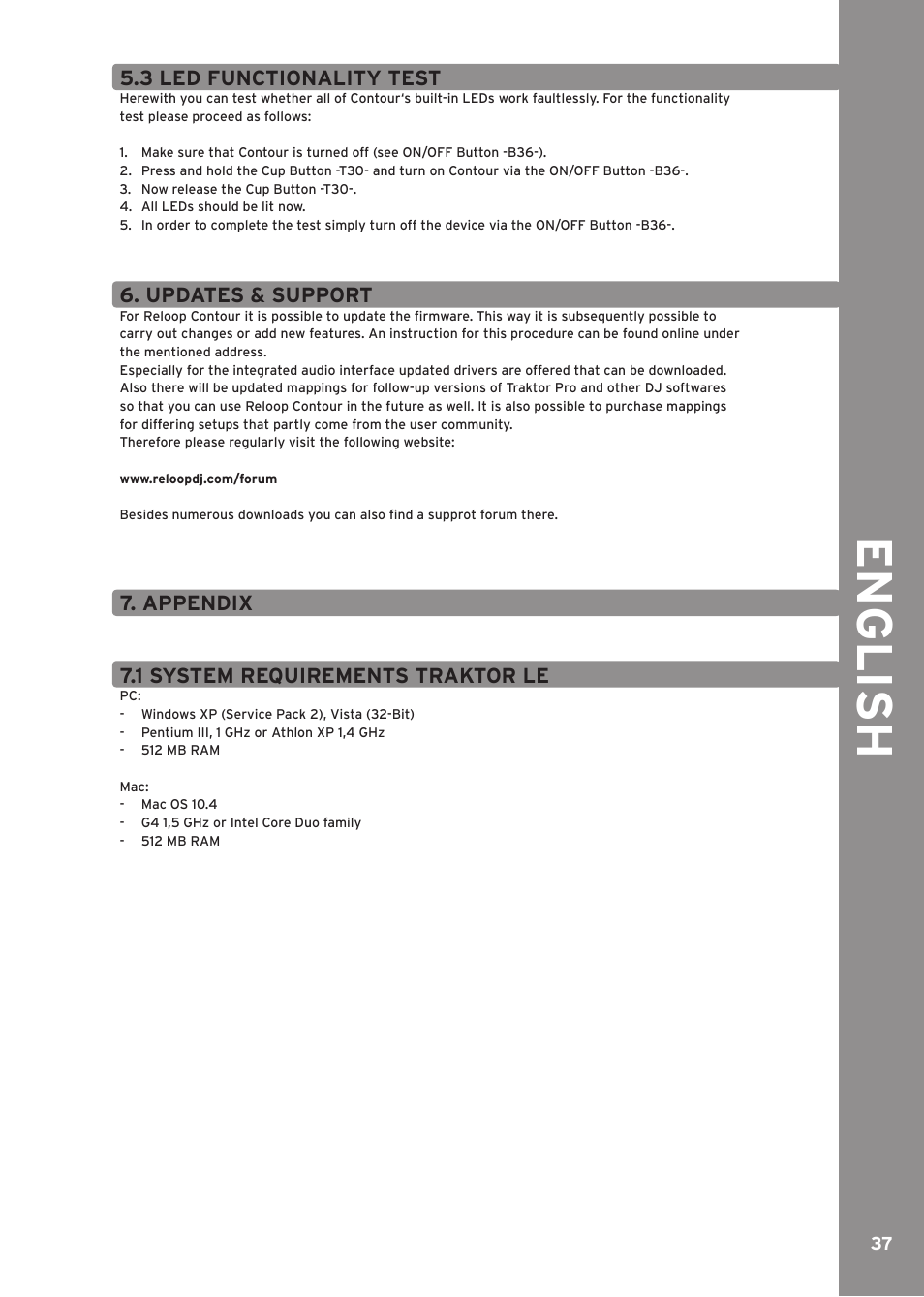 3 led functionality test, Updates & support, Appendix | 1 system requirements traktor le, Francais, Engli sh | Reloop CONTOUR INTERFACE EDITION User Manual | Page 37 / 64