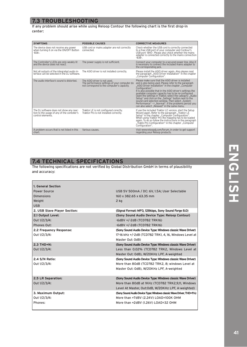 3 troubleshooting, 4 technical specification, Engli sh | 4 technical specifications | Reloop CONTOUR INTERFACE EDITION User Manual | Page 41 / 64
