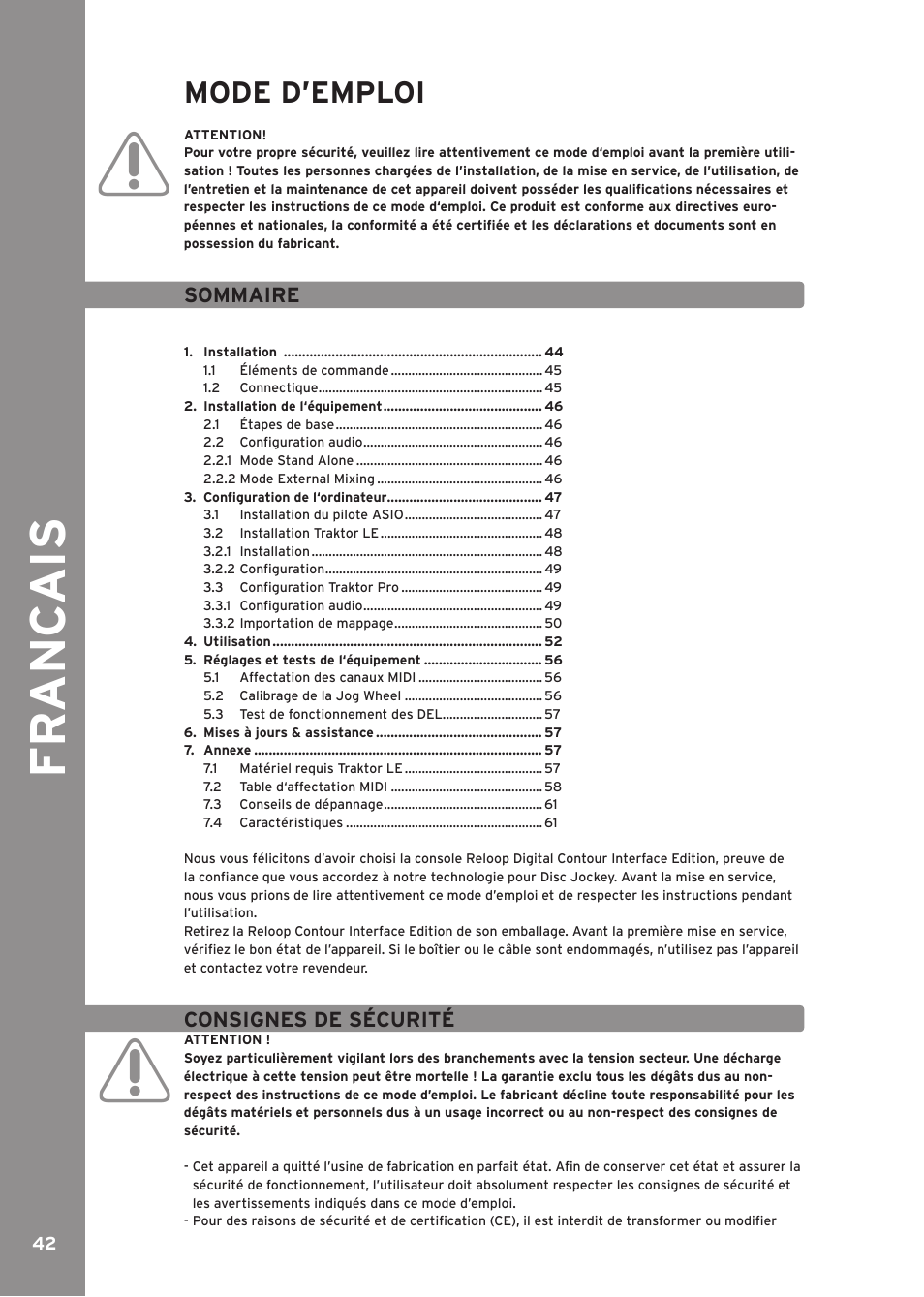 Sommaire, Consignes de sécurité, Fr anc ai s | Mode d’emploi | Reloop CONTOUR INTERFACE EDITION User Manual | Page 42 / 64