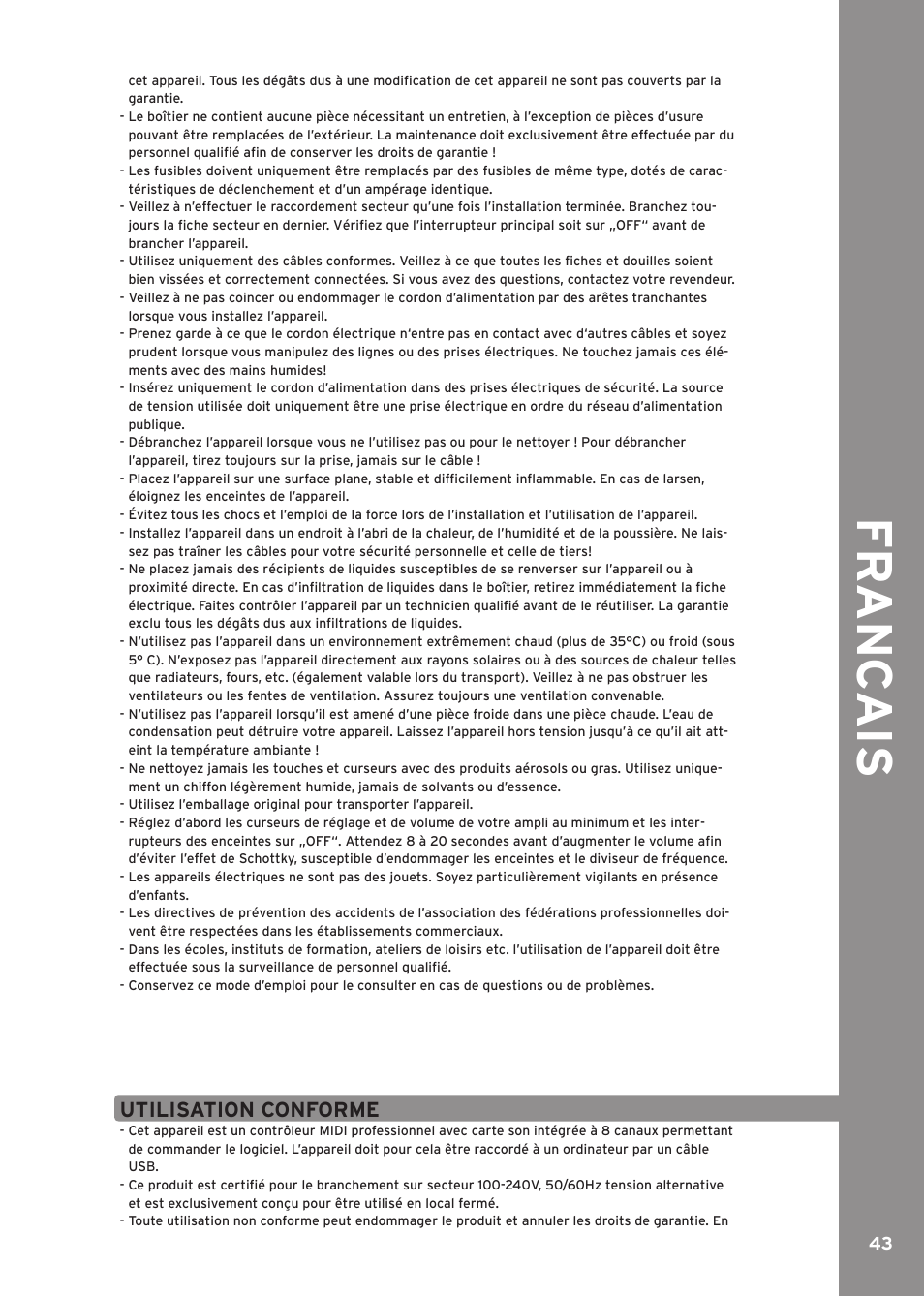 Utilisation conforme, Fr anc ai s | Reloop CONTOUR INTERFACE EDITION User Manual | Page 43 / 64