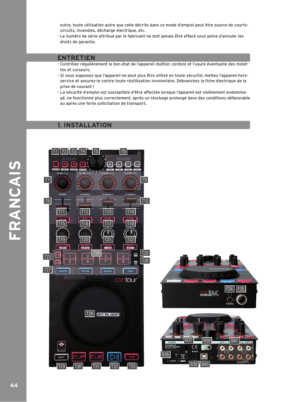 Entretien, Installation, Fr anc ais | Reloop CONTOUR INTERFACE EDITION User Manual | Page 44 / 64