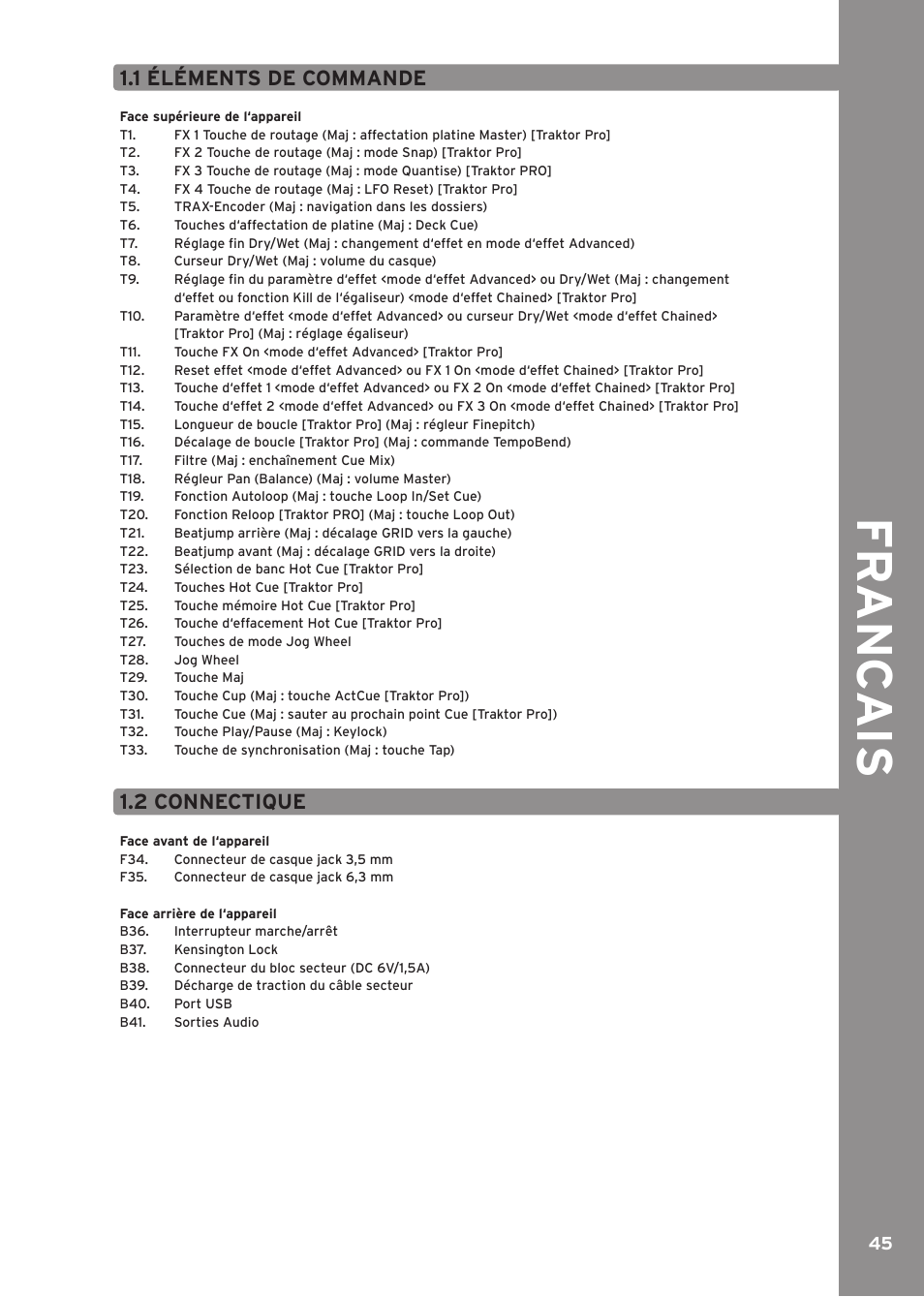 1 éléments de commande, 2 connectique, Fr anc ai s | Reloop CONTOUR INTERFACE EDITION User Manual | Page 45 / 64